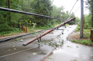 Trees and power lines came down near Grand Bend as a severe storm moved through Lambton Shores on July 27, 2014. Damage to a power line is shown in this file photo taken right after the storm. While much of the cleanup has been carried out, some signs of the storm still remain in the community. (File photo/ Postmedia Network) 