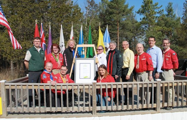 Dignitaries such as Mayors Mike Bradley and Bill Weber, MPP Monte McNaughton and MPs Marilyn Gladu and Bev Shipley joined Scouting leaders to celebrate Camp Attawandaron's designation as a Scout Centre of Excellence for Nature and Environment on Saturday, Apr. 30. CARL HNATYSHYN/SARNIA THIS WEEK